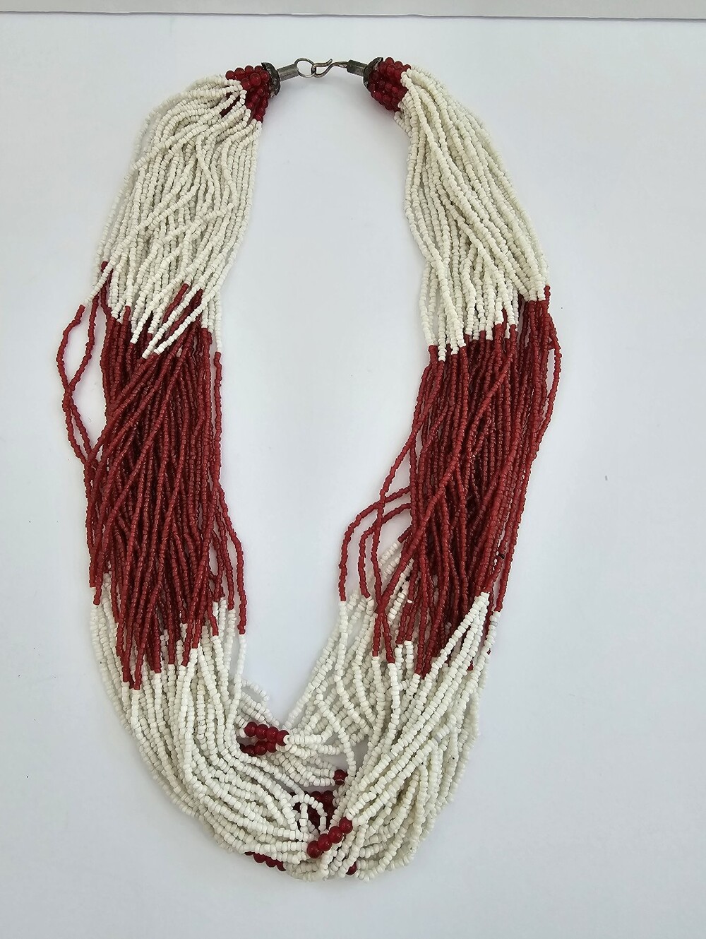 Vintage Naga Style Multi Strand Glass Seed Bead Necklace Red White Tribal